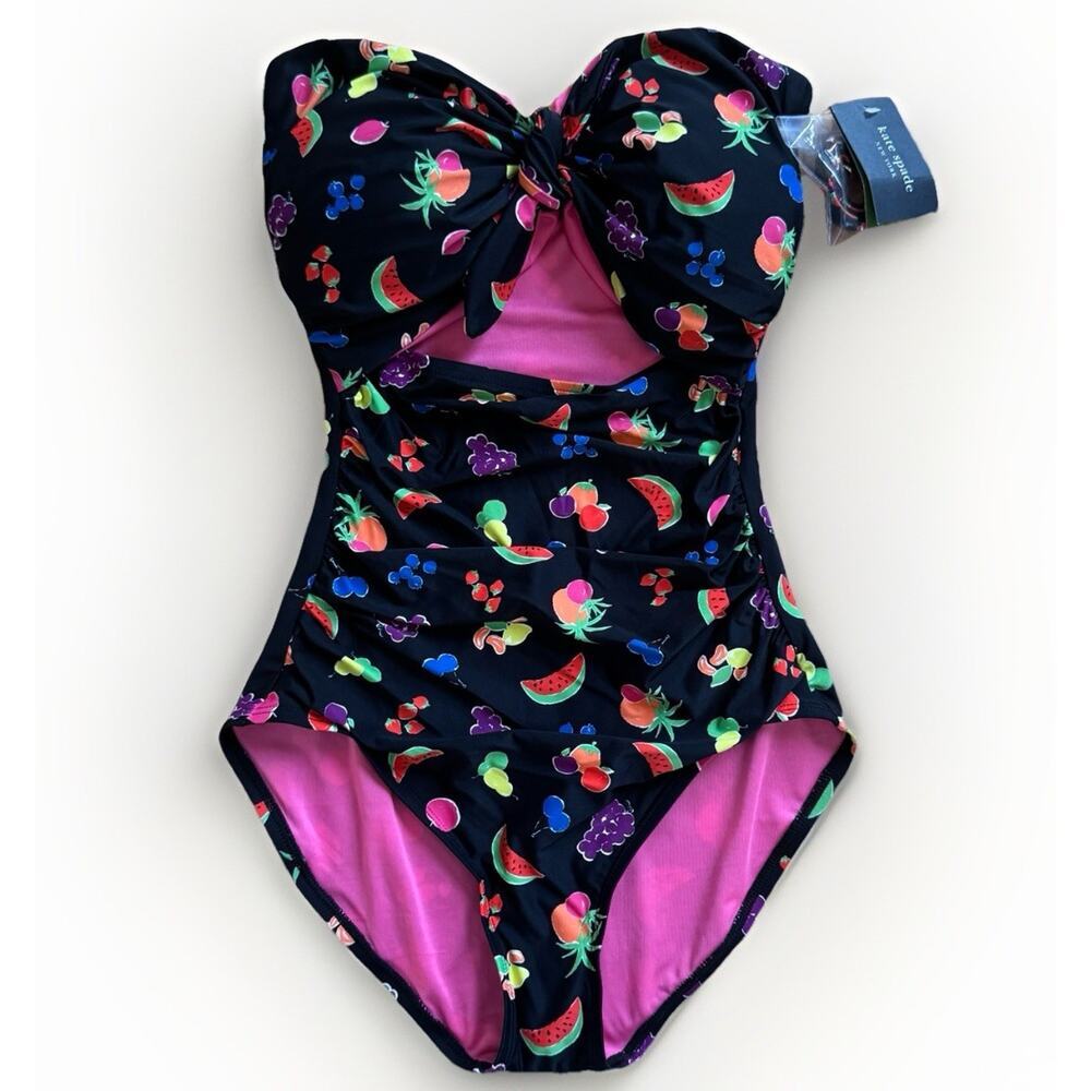 NEW Kate Spade Women’s Bandeau One-Piece Swimsuit Black Fruit Print SMALL